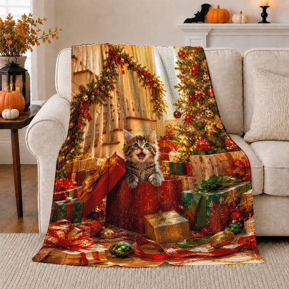 Christmas Kitten Joyful Holiday Scene Gifts Tree, Festive Pet Portrait Pattern, Warm Flannel Blanket for Cabin and Lodge, Cat Lovers Christmas Gift, Pet Lover Home Decor