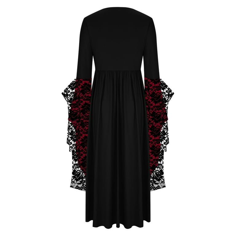 Uppada Womens Gothic Dress Plus Size Flare Sleeve Dress Skull Lace Print Steampunk Dresses Cocktail Dresses Flowy Goth Corset Dress Maxi Wedding Guest