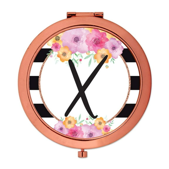 Koyal Wholesale Compact Mirror Bridesmaid's Wedding Gift, Rose Gold, Monogram Letter X, Modern Black White Stripes