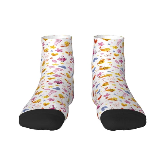 Fuzoiu Cartoon Birds & Flowers Print Adult Socks, Crew Moisture-wicking Socks, Unisex Cushion Crew Socks,Casual Sports Ankle Socks