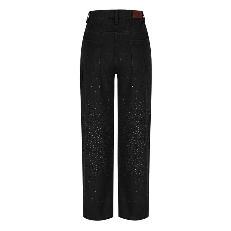 Generic Womens Rhinestone Rhinestone Jeans Baggy Wide Leg Pants Generic Womens Rhinestone Rhinestone Jeans Baggy Wide Leg Pants