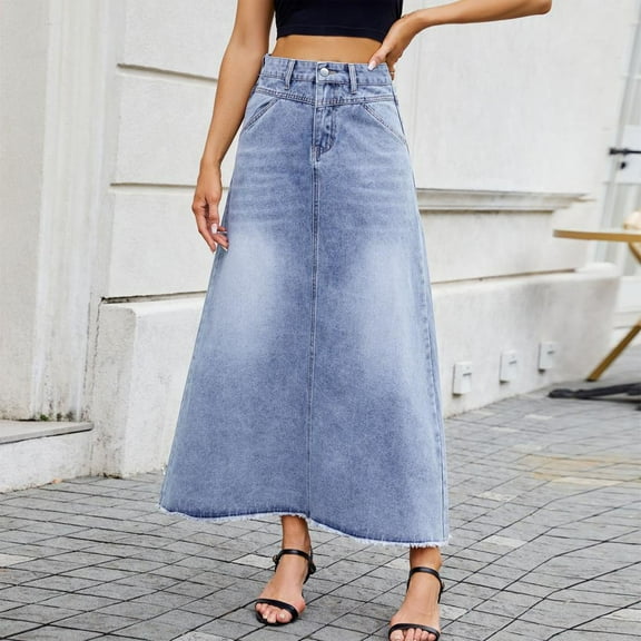 Bxsruta Skirts for Women, Button Front High Waist Denim Maxi Skirt with Side Pockets, Distressed Hem Casual Long Skirt