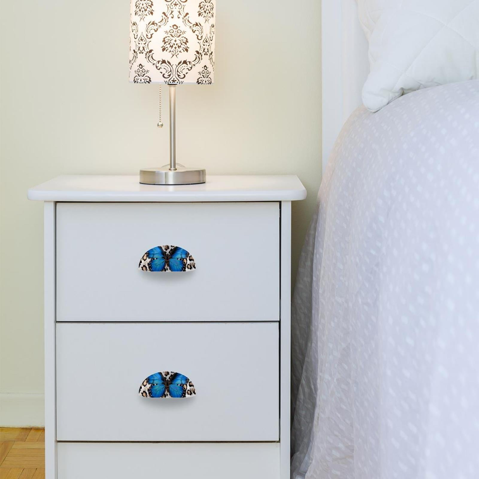 PhooArto 6 Pcs Cup Drawer Pulls, Blue Butterfly and Leopard Print Shell Shape Handles Cabinet Knobs for Dresser Cupboard Closet Wardrobe with Screws