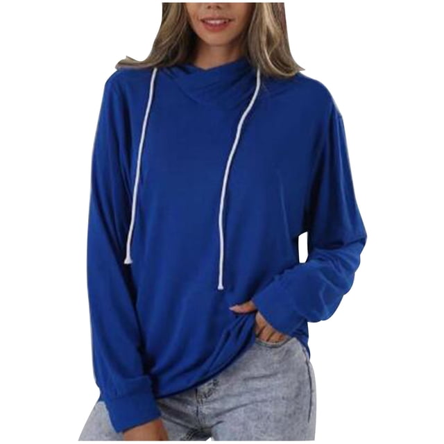 Womens Tops Solid Color V Neck Loose Drawstring Hooded Sweat Casual Trendy Soft Plus Size Breathable Going Out Shirts (XX-Large, Blue)