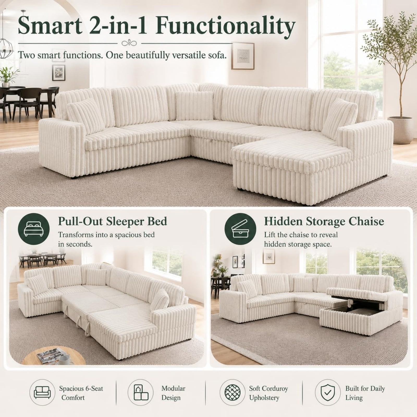Corduroy U-shaped Sectional Sofa, Modern Minimalist Modular Couch with Pull-Out Sleeper Bed and Storage Chaise, Soft Fabric Convertible Sofa for Living Room, Apartment