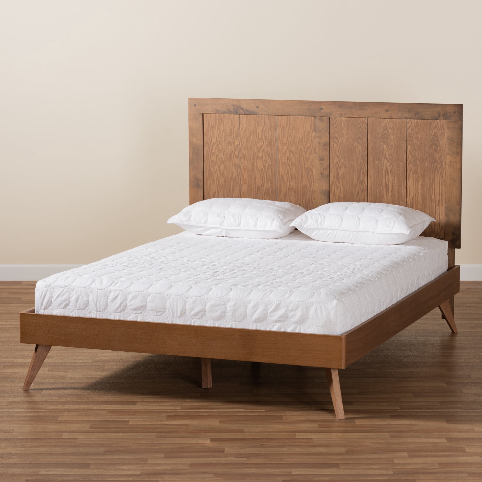 Baxton Studio Amira Mid-Century Wood Back Support Platform Bed, Queen, Ash Walnut