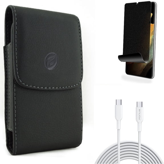 10ft Long Type-C Cable & Privacy Screen Protector & Case Belt Clip for Samsung Galaxy S21 Ultra Phone - Fast Charger Cord PD & TPU Film Fingerprint Works & Leather Holster Accessory Bundle