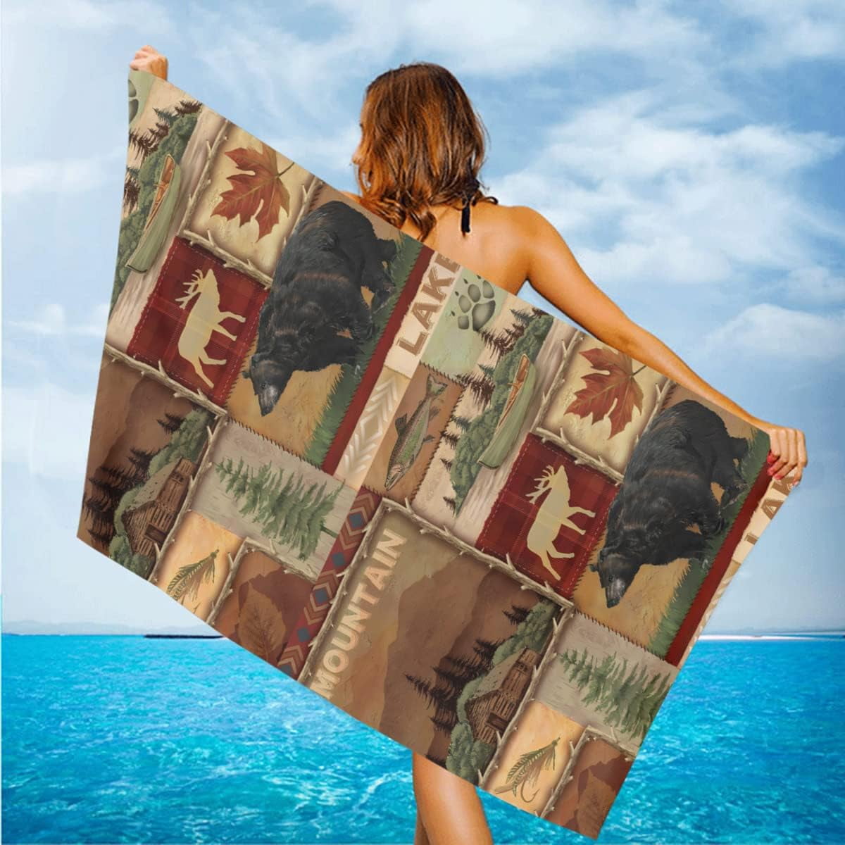 Retro Rustic Beach Towel, Moose Deer Bear Leaf Tree Country Style Farmhouse Microfiber Ultra Soft Quick Dry Highly Absorbent Bath Towels for Beach Party Outdoor Travel Swim Pool Yoga 33x52 Inch