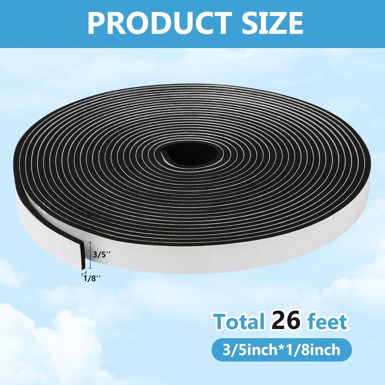FRKSMD-Weather Stripping Door Seal Strip (3/5 Inch X 1/8 Inch X 26Feet), Strong Adhesive, Lightproof, Soundproof, Weatherproof Foam Tape Insulation for Sliding Door, Front Door Frame, Windows- Black