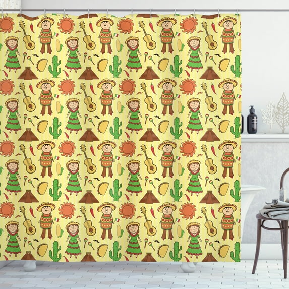 Taco Shower Curtain, Mexican Culture Objects with Maracas and Vihuela Music Man and Woman Cactus Cartoon, Fabric Bathroom Set with Hooks, 69W X 84L Inches Extra Long, Multicolor, by Ambesonne