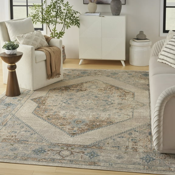 Nourison Astra Machine Washable Center medallion Ivory Blue 9' x 12' Area Rug (9x12)