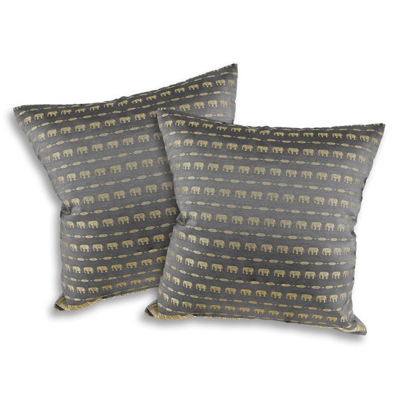 Decorative Elephant Parade Stripes Gray Silk Throw Pillow Cushion Cover Set