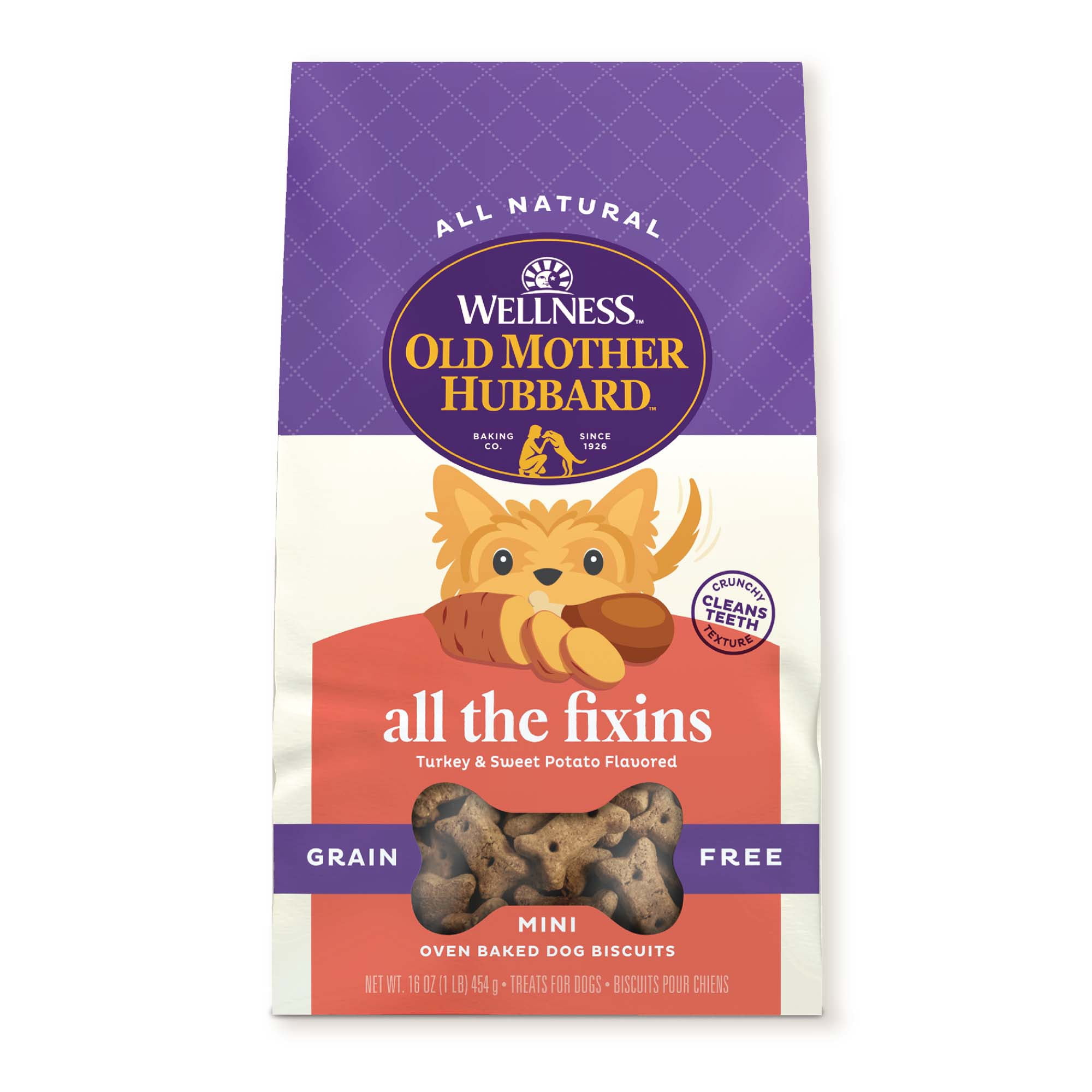 Wellness Old Mother Hubbard Classic Grain Free All the Fixins Dog Biscuits, Natural Training Treats, Turkey and Sweet Potato Flavor, Mini Size, 16 oz Bag