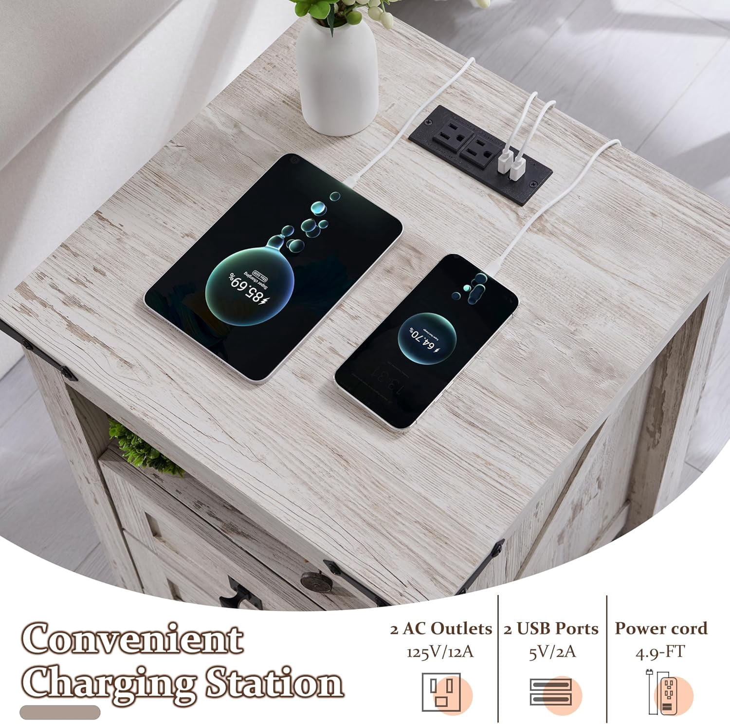 OKD Farmhouse Nightstand Set of 2 with Charging Station, 2-Drawer End Table, Antique Brush White