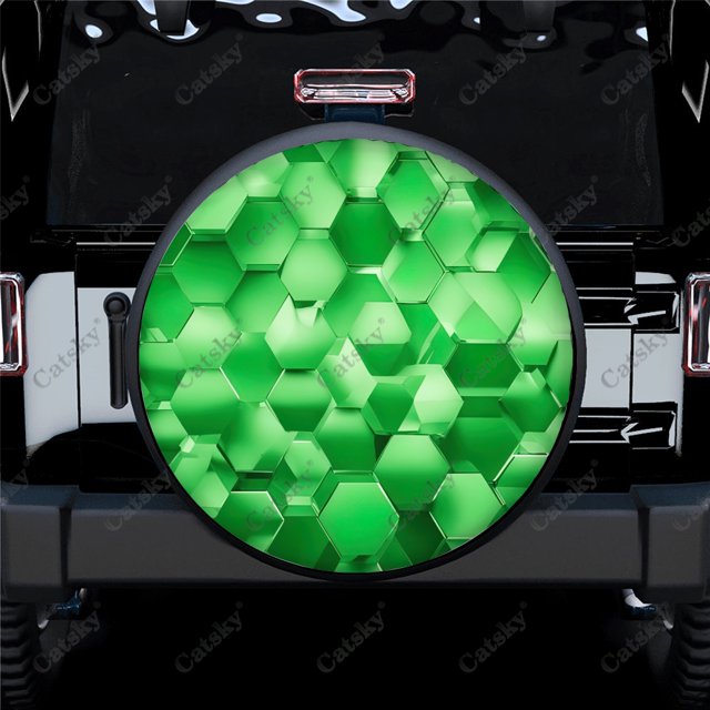 Abstract Green Hexagon Polyester Universal Spare Wheel Tire Cover Custom Tire-Covers for Trailer RV SUV Truck Camper
