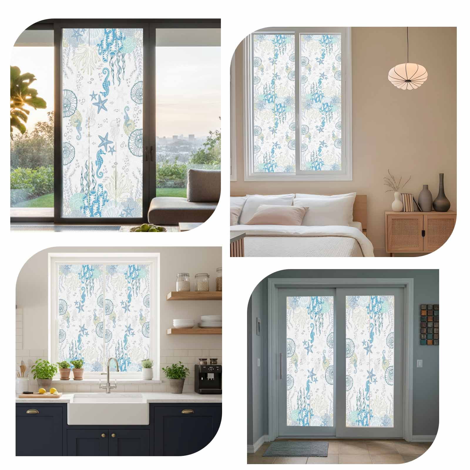Coastal Blue Window Privacy Film, Ocean Coral Starfish Jellyfish Seahorse Static Cling UV Sun Blocking Heat Control Window Tint Day and Night, Non-Adhesive One Way Windows Privacy Cover 23.6''x59''