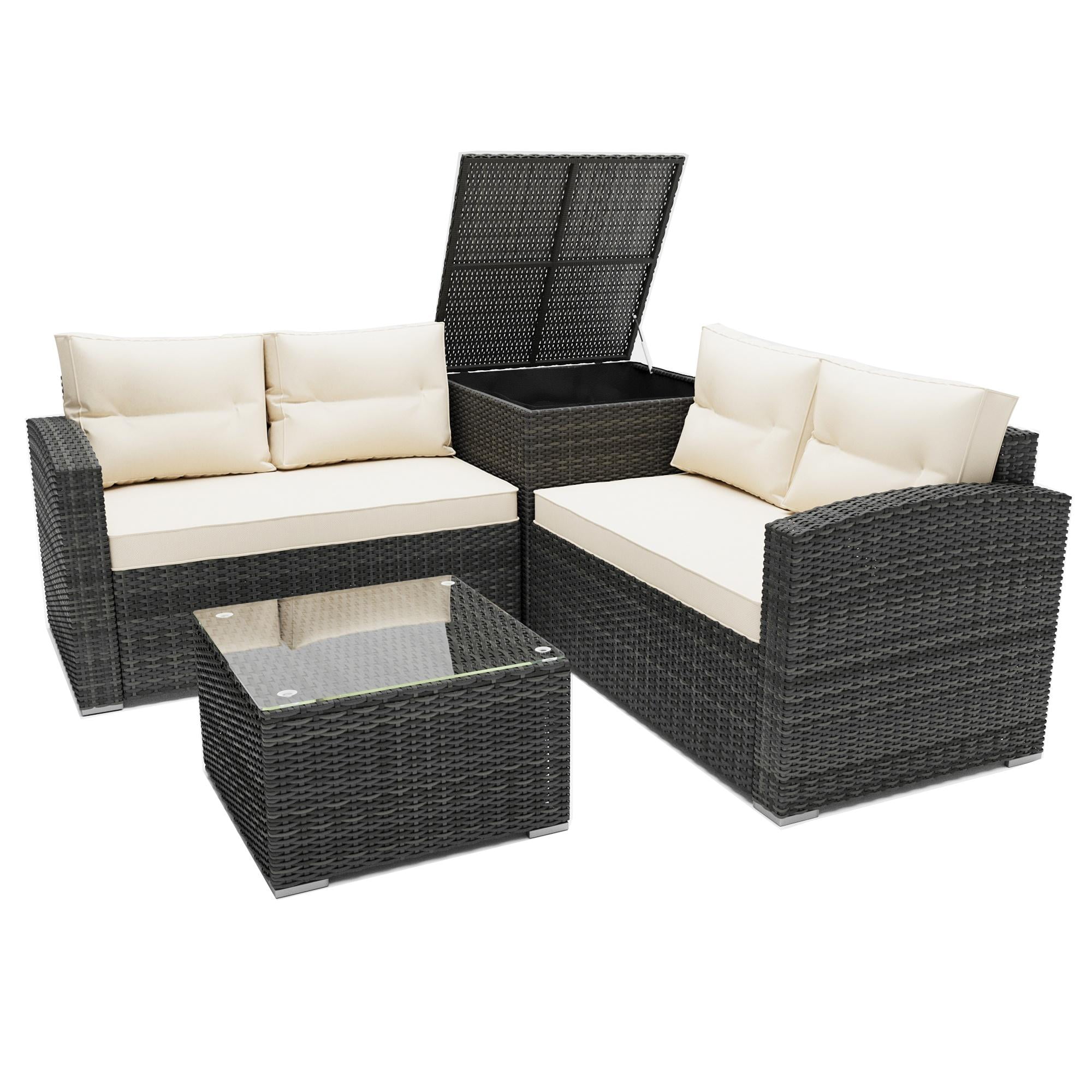 Rattan Patio Sofa Set, 4 Pieces Outdoor Sectional Furniture, All-Weather PE Rattan Wicker Patio Conversation, Cushioned Sofa Set with Glass Table & Storage Box for Patio Garden Poolside Deck
