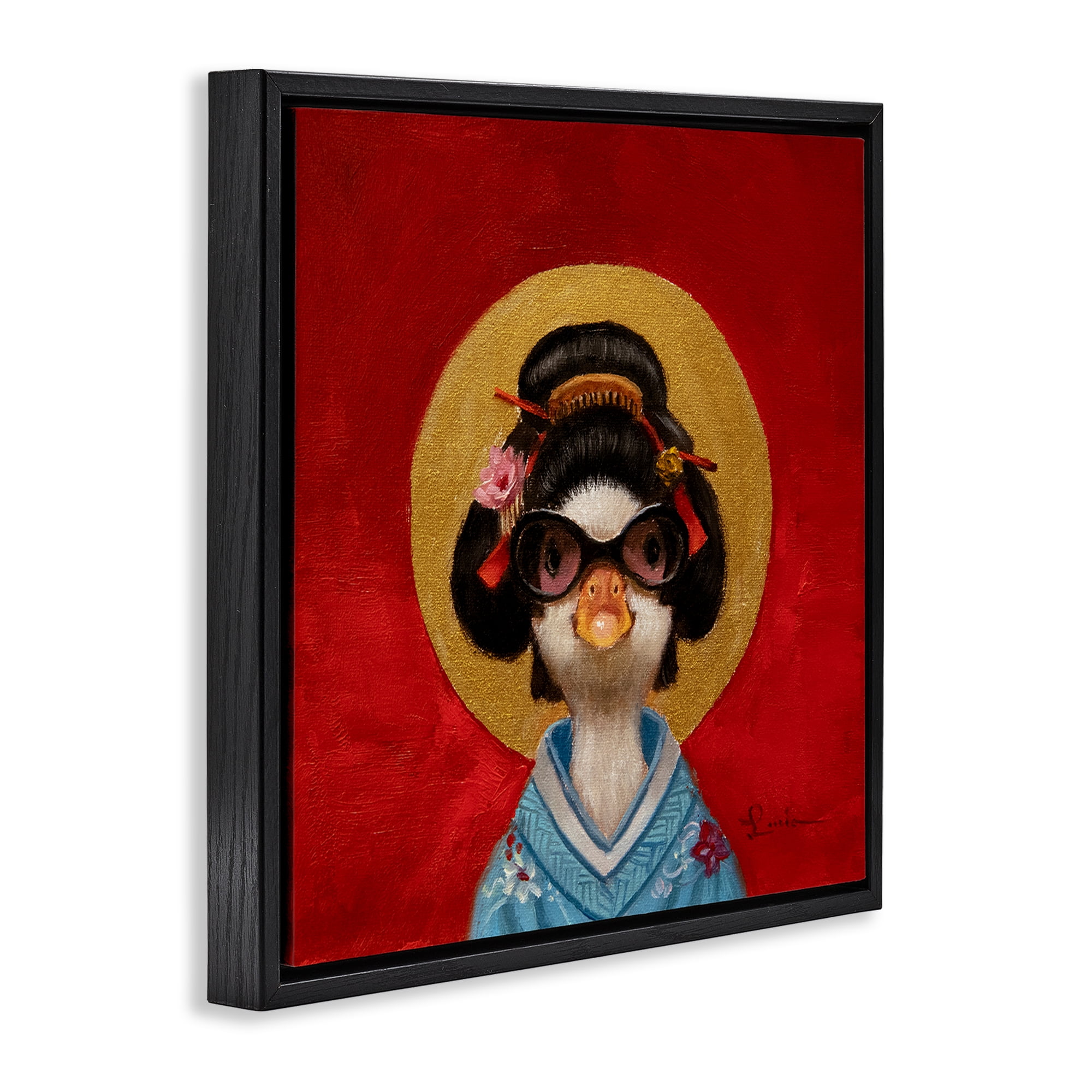 Stupell Industries Traditional Clothing Duck Animals Painting Black Floater Framed Canvas Art Print Wall Art, 18 x 18