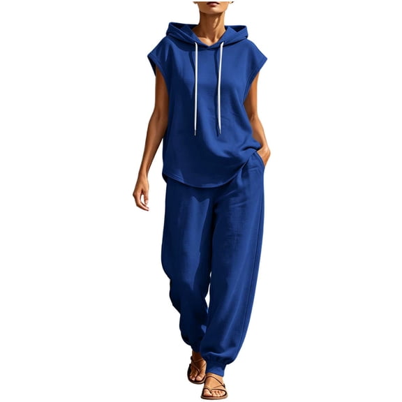 QIYAGBSA 2 Piece Sets for Women with Sleeveless Hooded Top and Jogger Pants Drawstring Waist Pockets Relaxed Fit Summer Gym Workout Daily Wear (Blue M)