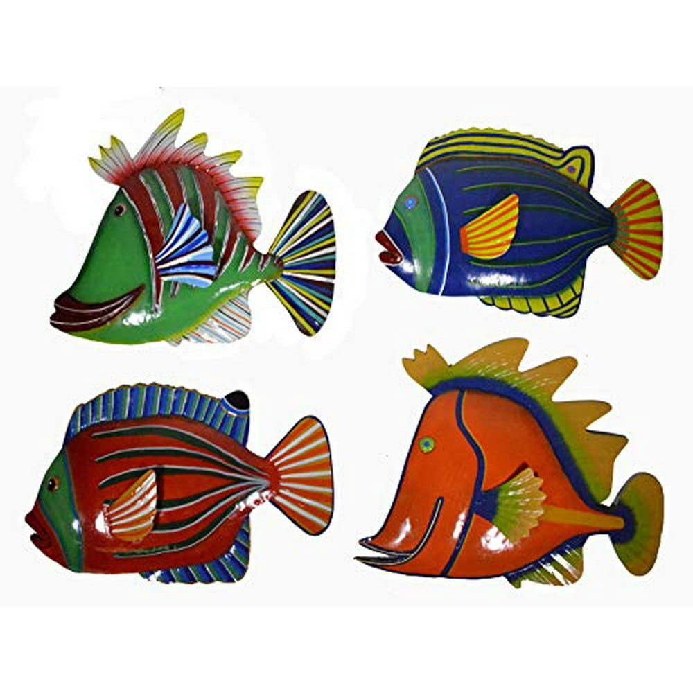 WorldBazzar Set 4 Large Beautiful Unique Fish Metal Hanging Wall Art
