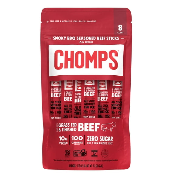 Chomps Grass-Fed and Finished Smoky BBQ Beef Jerky Snack Stick (8 Count)