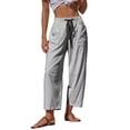 thumbnail image 2 of Women's Summer Casual Pants Striped Washed Cotton High Waist Drawstring Loose Fit Cropped Trousers with Pockets for Vacation, 2 of 8