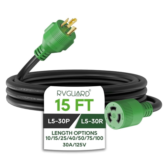 RVGUARD 3 Prong 30 Amp 15 Foot Generator Extension Cord, NEMA L5-30P/L5-30R 125V 10 Gauge SJTW Generator Power Cord, ETL Listed