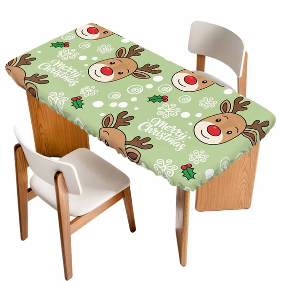 Christmas Green Table Cloths for 6 Foot Rectangle Tables, Xmas Cute Elk Winter Leaves Cartoon Snowflake Patio Waterproof Elastic Fitted Tablecloths, Washable Rectangular Table Cover for Camping