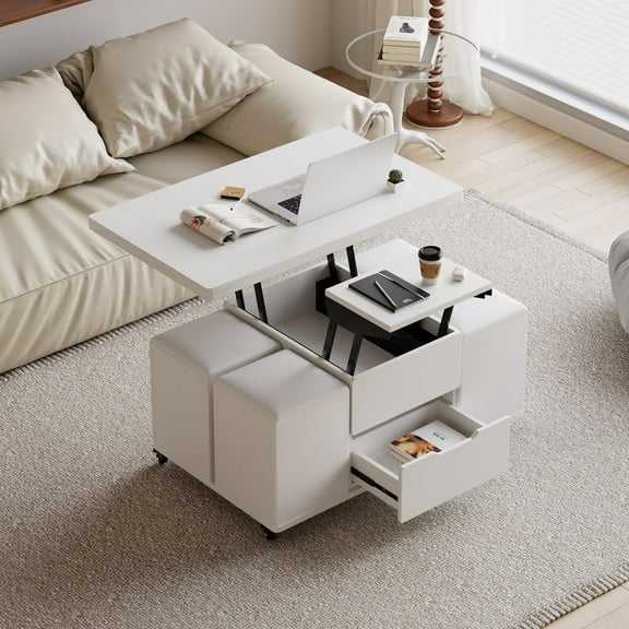 Homary Modern White Lift Top Coffee Table 4 in 1 with Storage Ottoman Foldable and Casters
