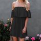 thumbnail image 4 of Vestido con hombros descubiertos y parte superior de tubo para mujer, vestido corto elegante de verano con cintura elástica, corte en A, sin espalda, con volantes, color negro L, 4 of 8