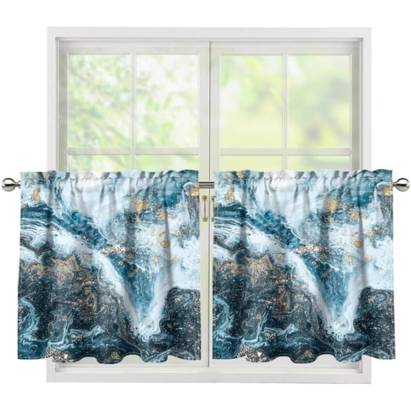 Blue Marble Print Kitchen Curtains Modern Aesthetic Art Short Cafe Tier Curtains Decor Rod Pocket Window Drapes,2 Panels Set 28"X24"