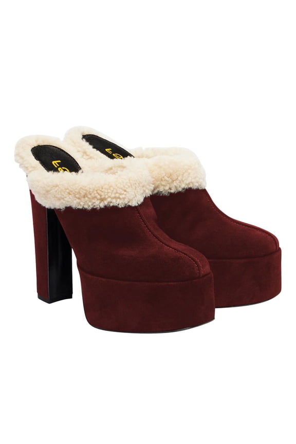 Women Comfort Platform Mules with Shearling Trim Suede Closed Round Toe Chunky High Heel Slip On Fashion Clogs Size 16 Red
