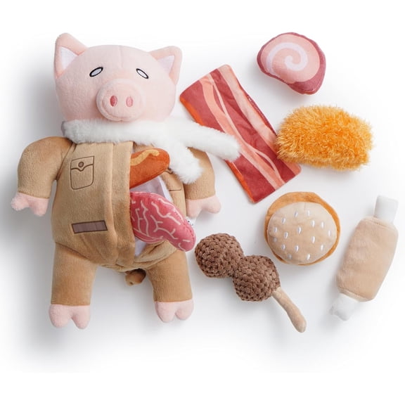 Nocciola 9-in-1 Pig Plush Dog Toys, Funny Piggy Puzzle Toy with 8 Pork Food Squeaky & Crinkle Toys, Dog Training Toys, Stimulating Enrichment Toys for Small Medium Dogs