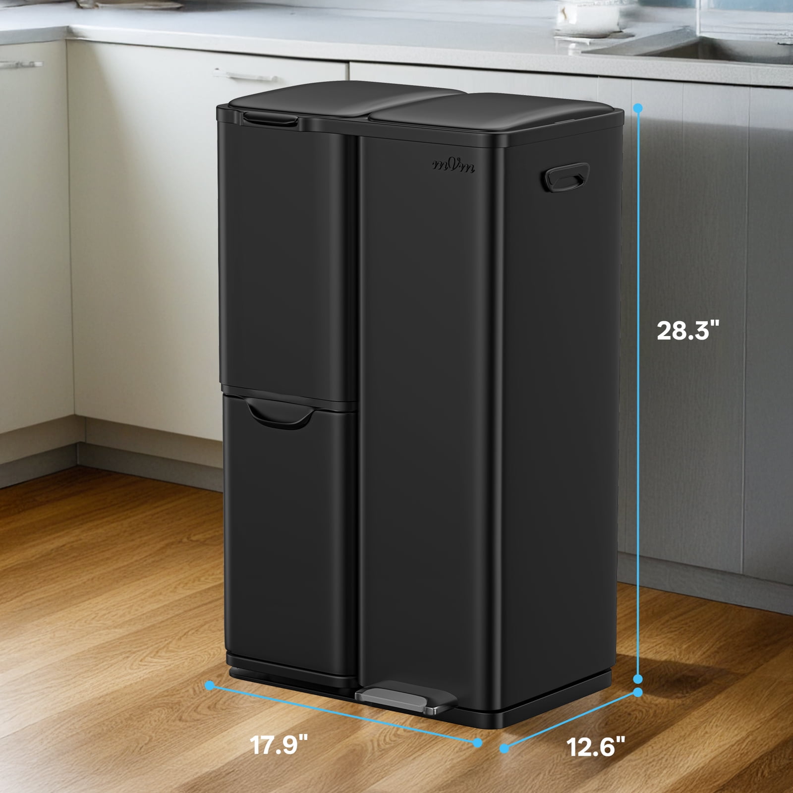 mVm 16 Gal 3 Compartment Kitchen Trash Can, Triple Stainless Steel Garbage Can, Heavy Duty Anti Fingerprint Recycling Bin for Office Home（Black）