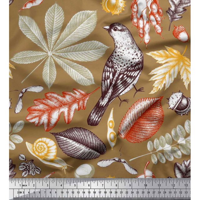 Soimoi Moss Georgette Fabric Bird & Leaves Printed Fabric 1 Yard 42 Inch Wide