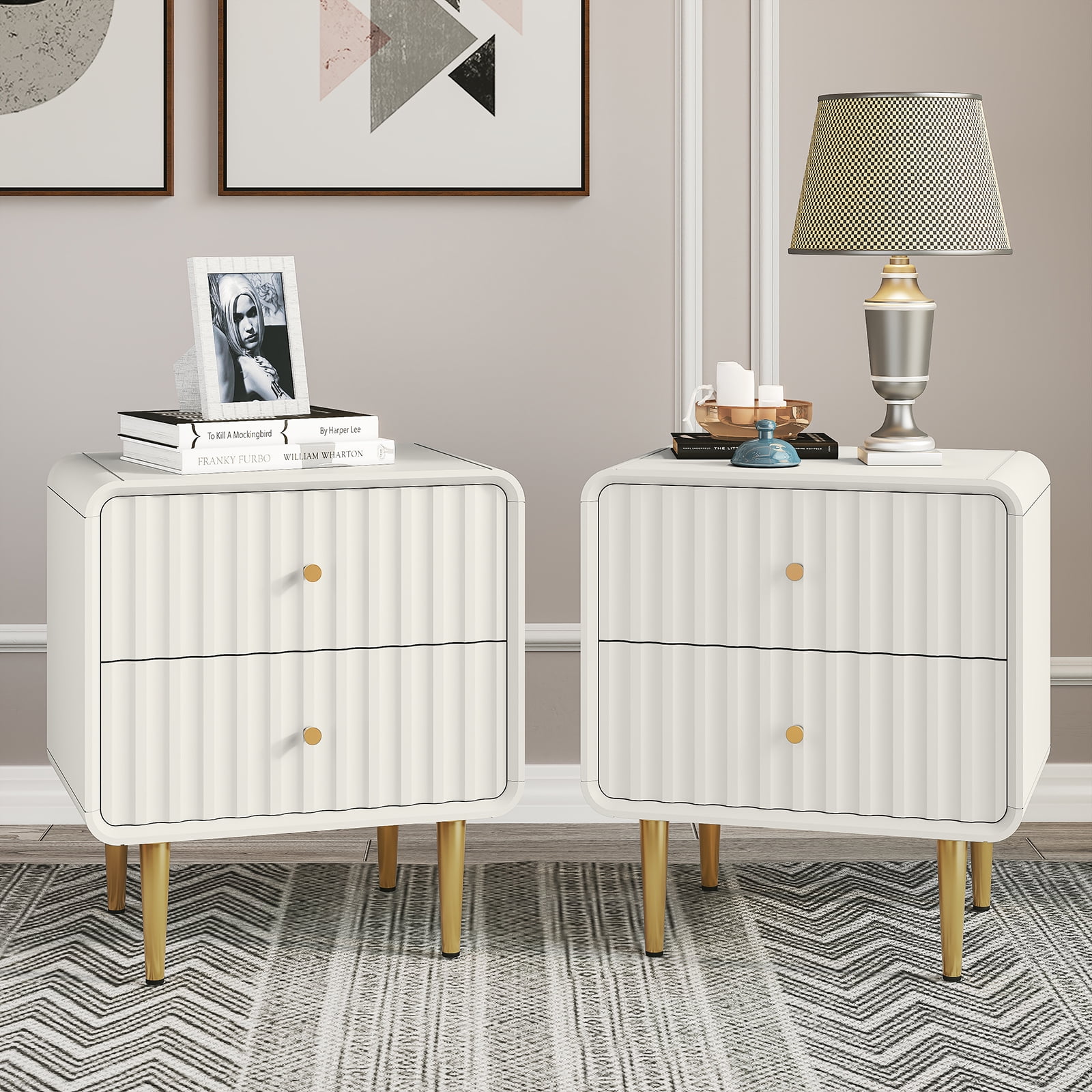 CBJCBJ Modern Bedroom Nightstand Set of 2, 20" Wood Bedside Table with 2 Drawers and Gold Handles, White