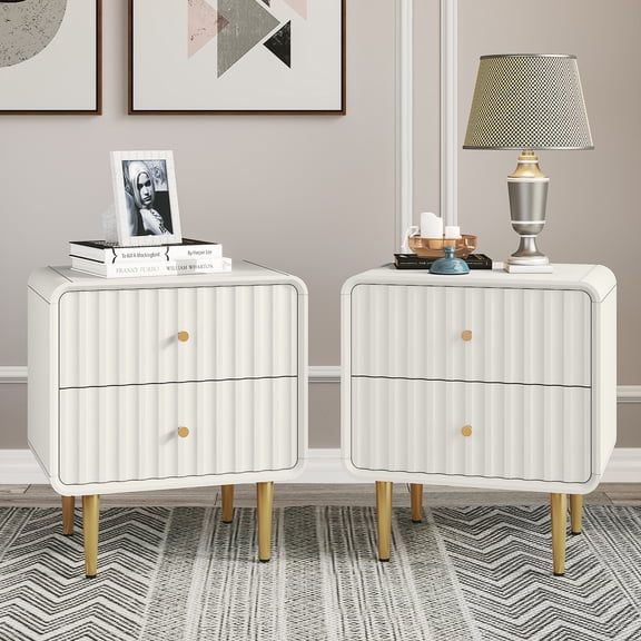 CBJCBJ Modern Bedroom Nightstand Set of 2, 20" Wood Bedside Table with 2 Drawers and Gold Handles, White