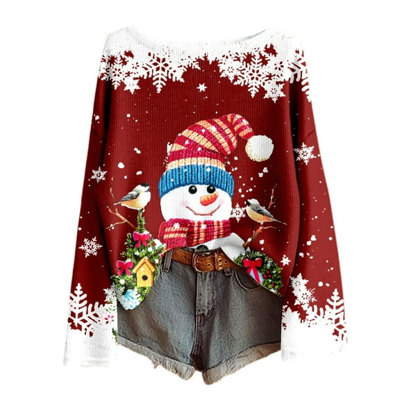 Christmas Sweaters Women Xmas Snowman Snowflake Graphic Long Sleeve Knit Shirts Fall Winter Casual Loose Fit Blouses