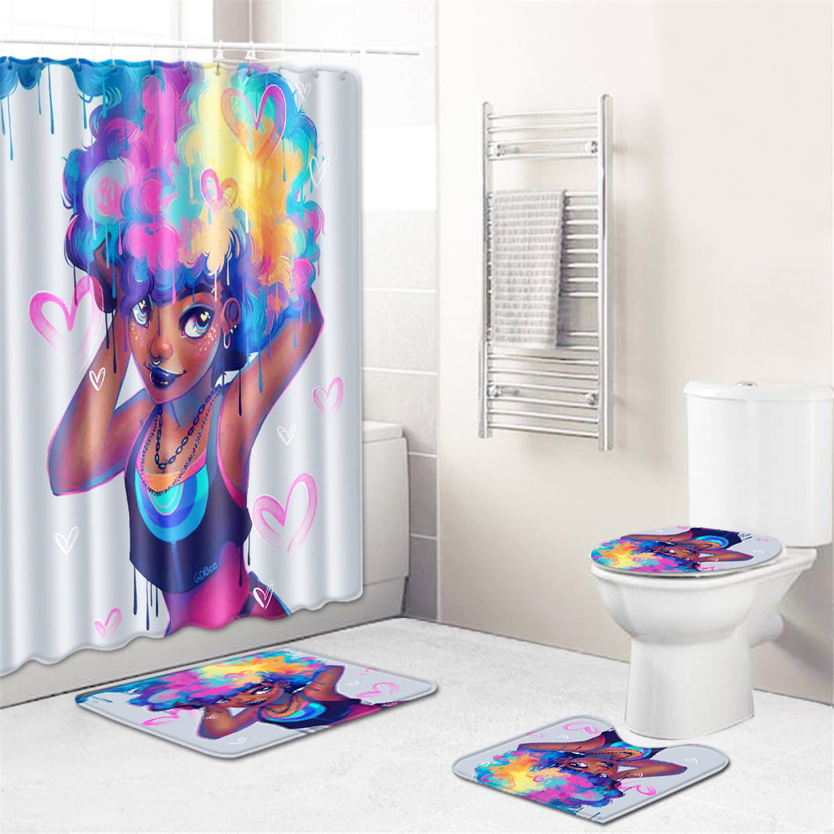 African Women Shower Curtain with 12 Hooks Bath Mat Toilet Cover Rug Decor Set 
