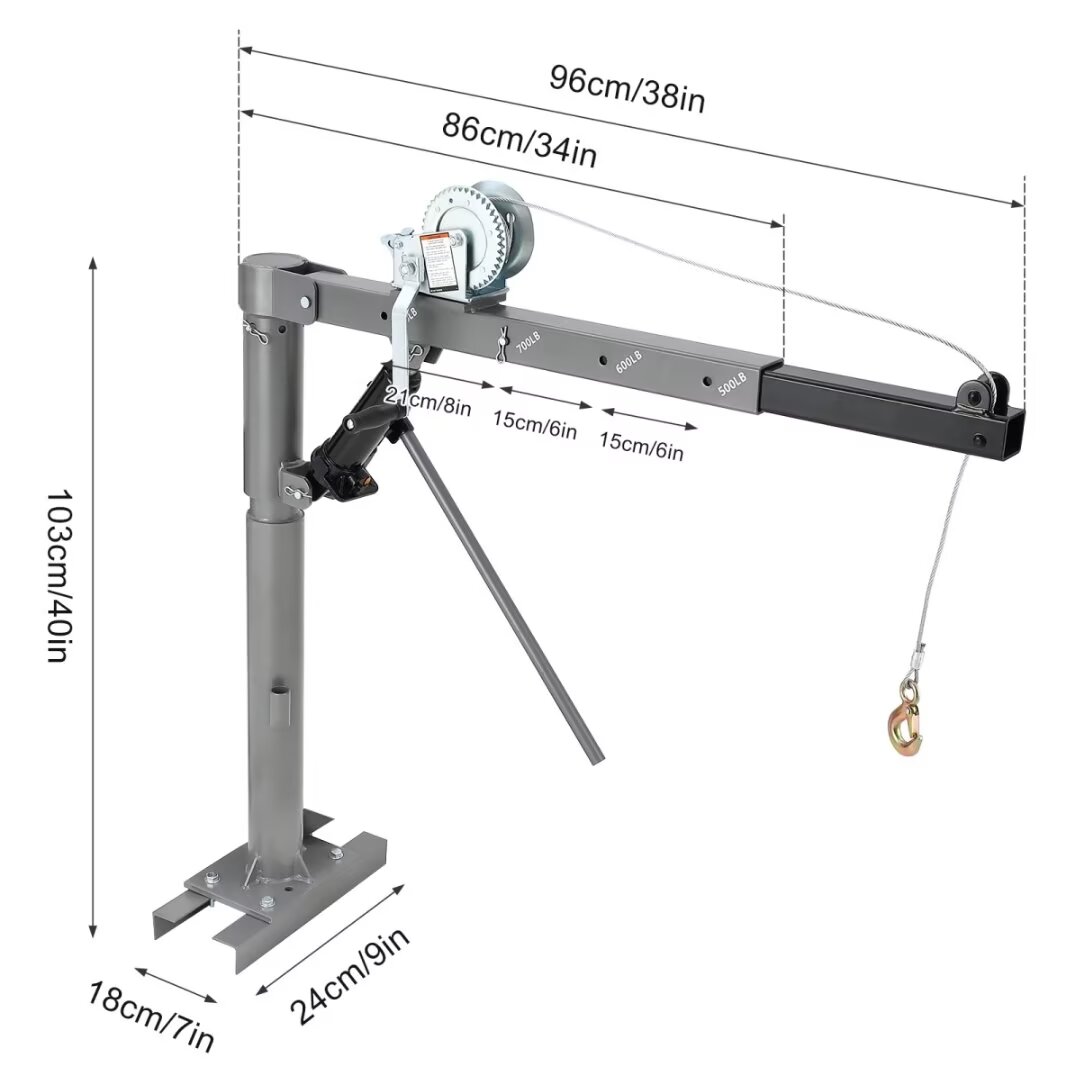 Truck Crane Hoist 1000 lbs Capacity, Truck Jib Crane Hoist Crane Hitch Mount with Four Boom Capacities of 500 lbs, 600 lbs, 700lbs & 1000 lbs, for Lifting Goods