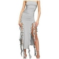 thumbnail image 2 of Off Shoulder Tube-Dresses for Women Sexy Wrap Strapless Bodycon Irregular Ruffle Tassel Hem Slim Fit Solid High Slit Pleated Party Club Midi Dress, 2 of 8