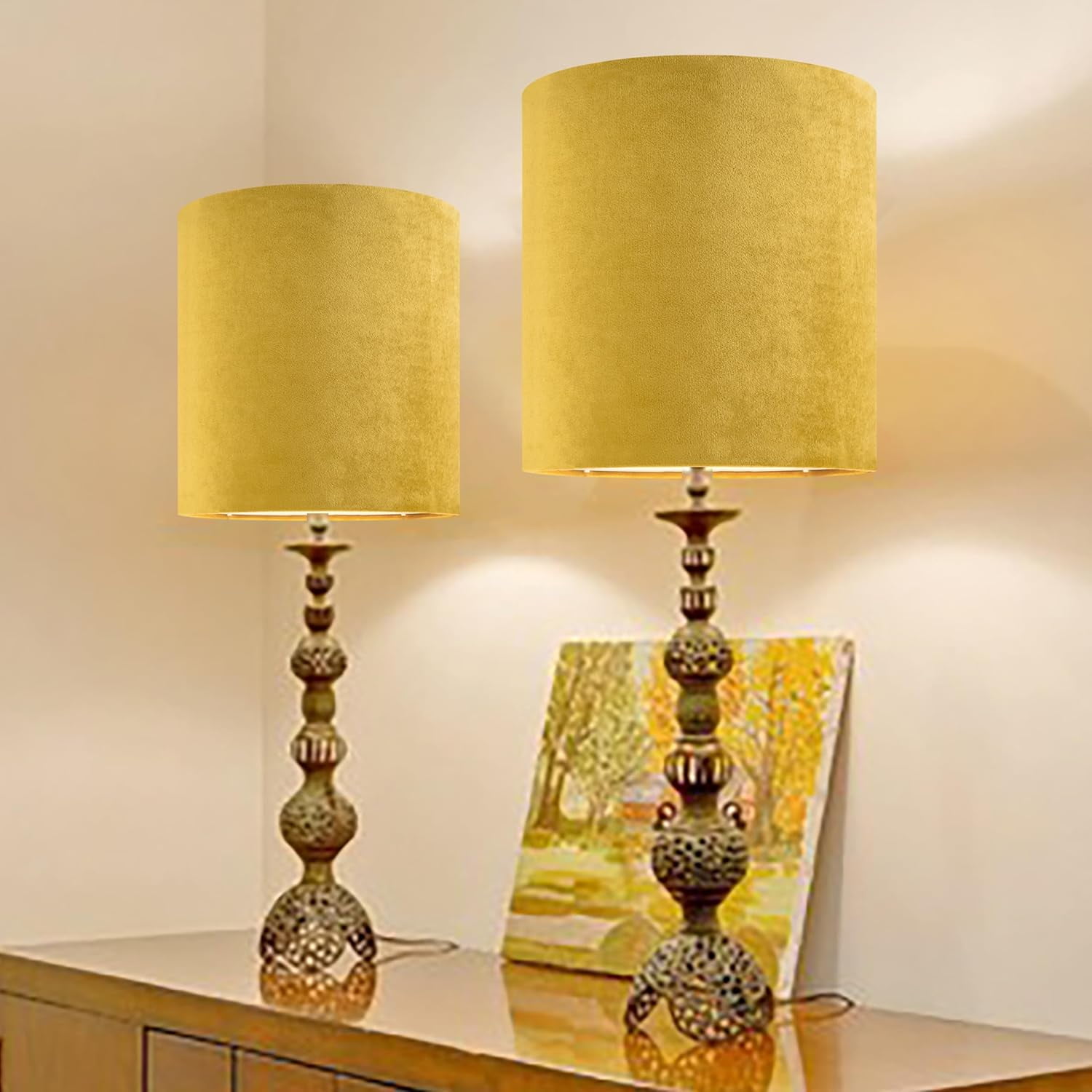 GOSO Tall Drum Natural Velvet Yellow Lamp Shades Set of 2- Lampshades for Table Lamps-10 * 10 * 10 inch (Spider) Small Drum Shade-Modern Lampshade-DIY Shade-Replacement,Easy Assembly-Handcraft-Rustic
