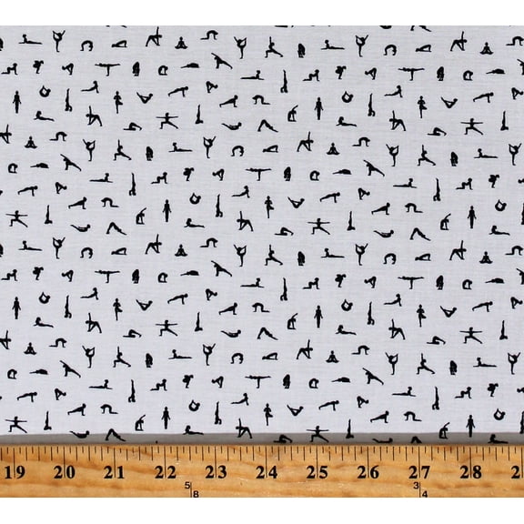 Cotton Tiny Yoga Poses Stretches People Stretching Mini Medley White Cotton Fabric Print by the Yard (R210460D-WHITE)