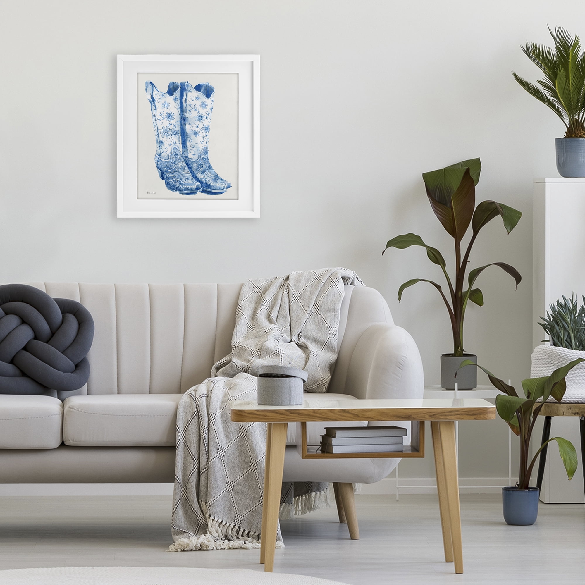 Stupell Industries Blue Boots with Floral Embroidery White Framed Print Under Glass, design by Beth Grove