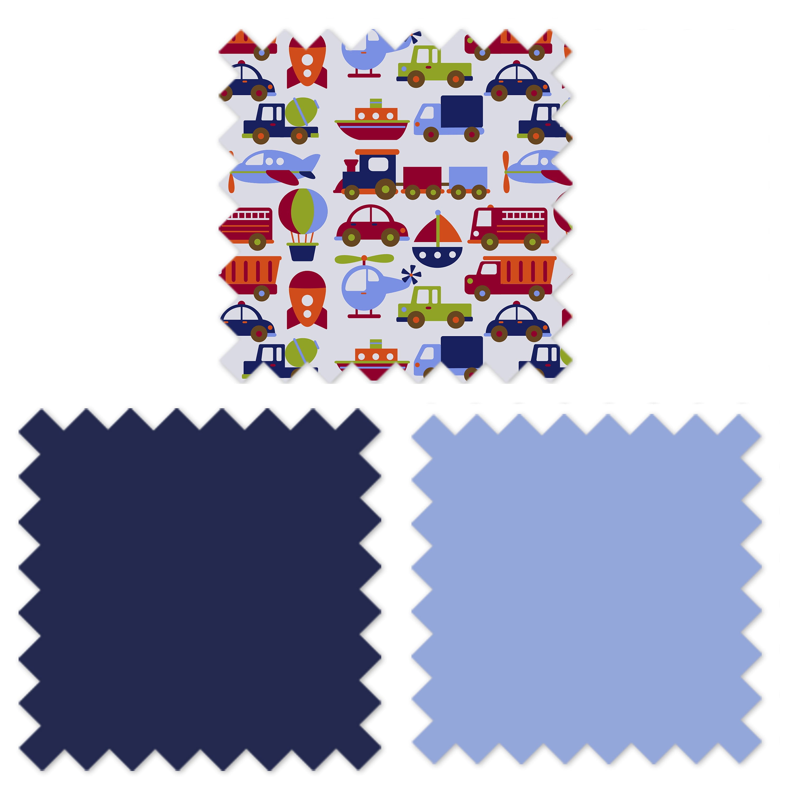 Bacati - Boys 4 pc Toddler Bedding/3 pc Sheet Set 100% Cotton Percale, Transportation Blue/Navy/Orange/Red/Green