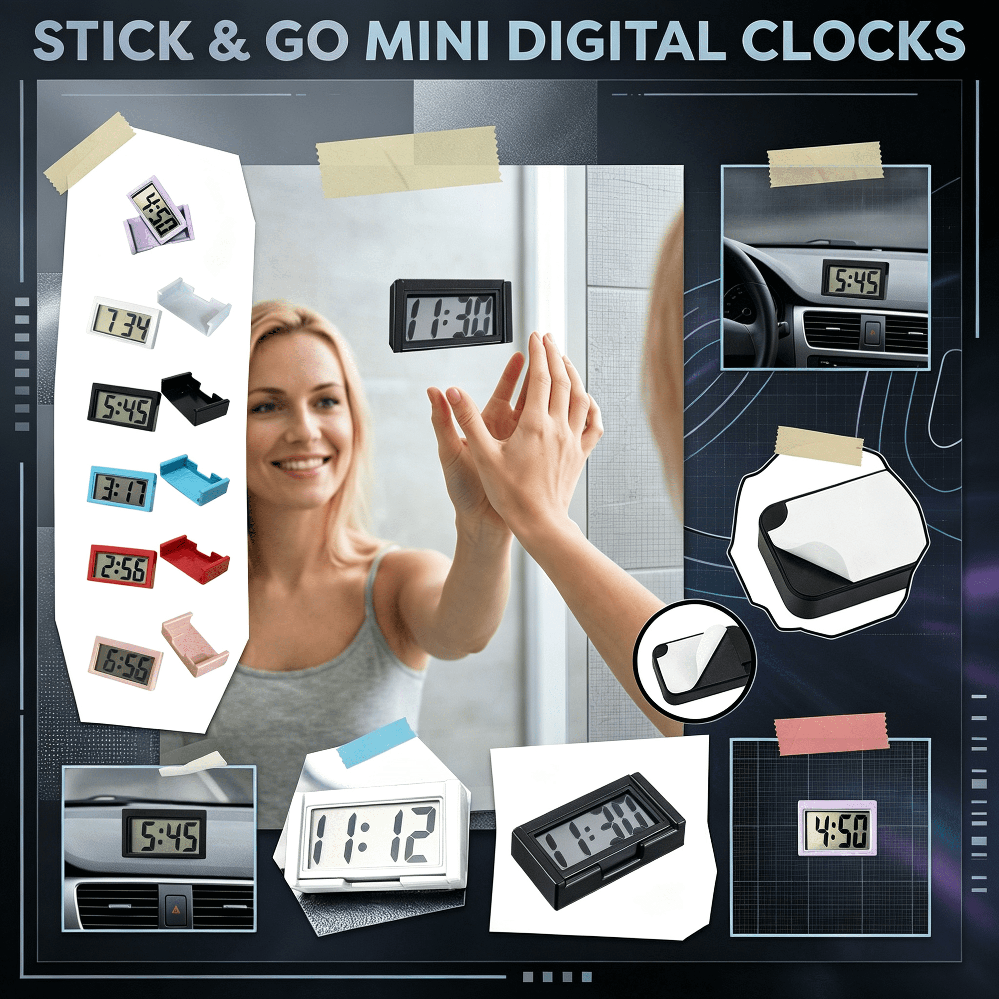 Portable Mini Digital Clock, Large Readable LCD Display Battery‑Powered Small Clock, Multi‑Placement Adhesive Time Tool for Car Desk Fridge Household Application(Red#3)