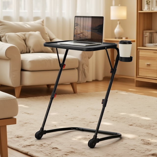 Homy Casa adjustable black folding sofa table with wheels and cup holder, holding a laptop in a cozy living room.