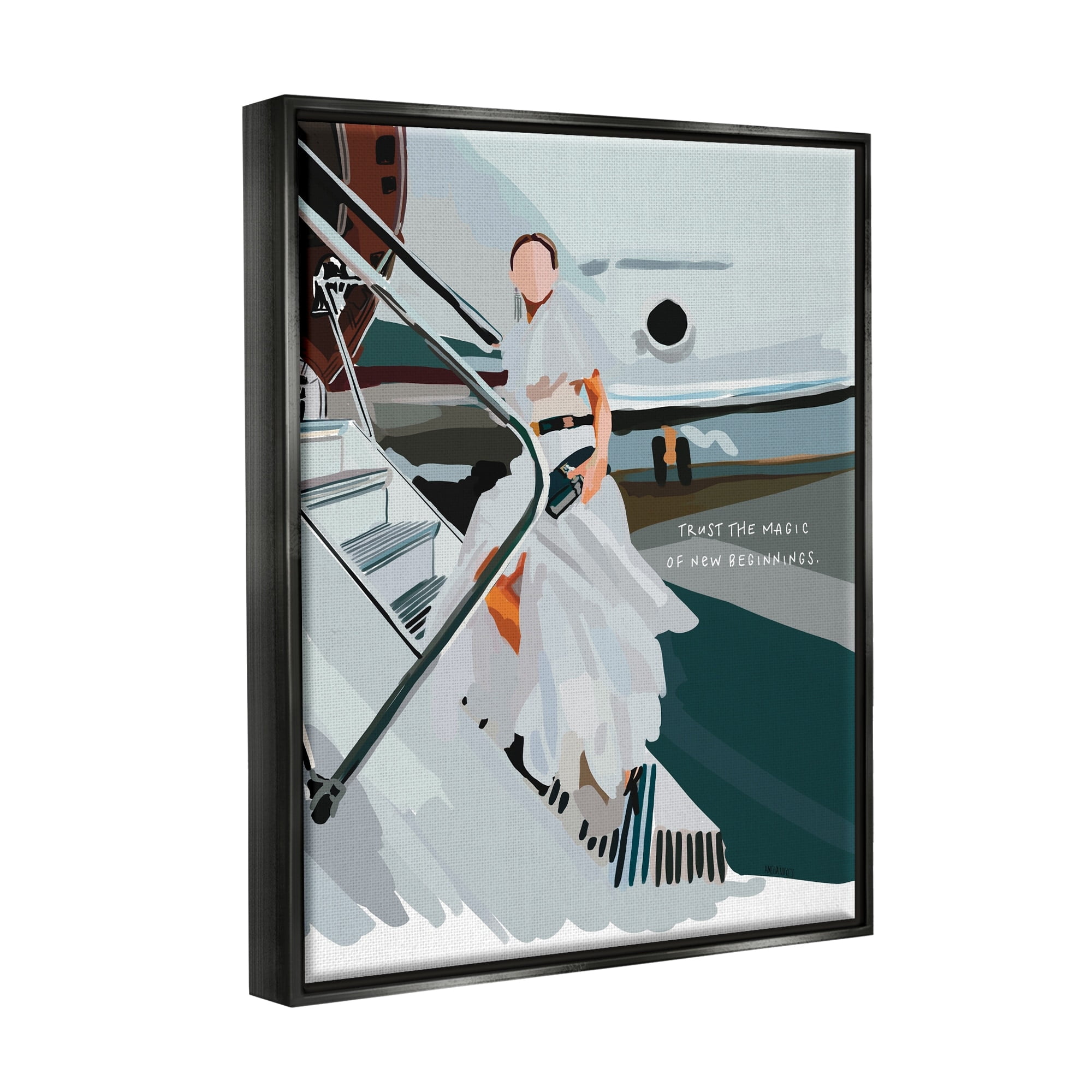 Stupell Industries Magic of New Beginnings Uplifting Woman Boarding Airplane Graphic Art Metallic Gold Floating Framed Canvas Print Wall Art, Design by Amelia Noyes