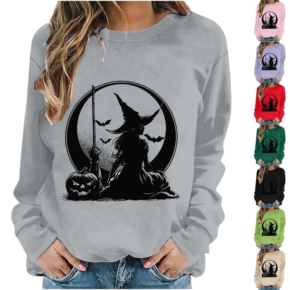 Jsaierl Womens Halloween Sweatshirts Funny Witch Graphic Pullovers Fall Holiday Round Neck Long Sleeve Sweater Tops Halloween Party Supplies, Sizes S-2XL