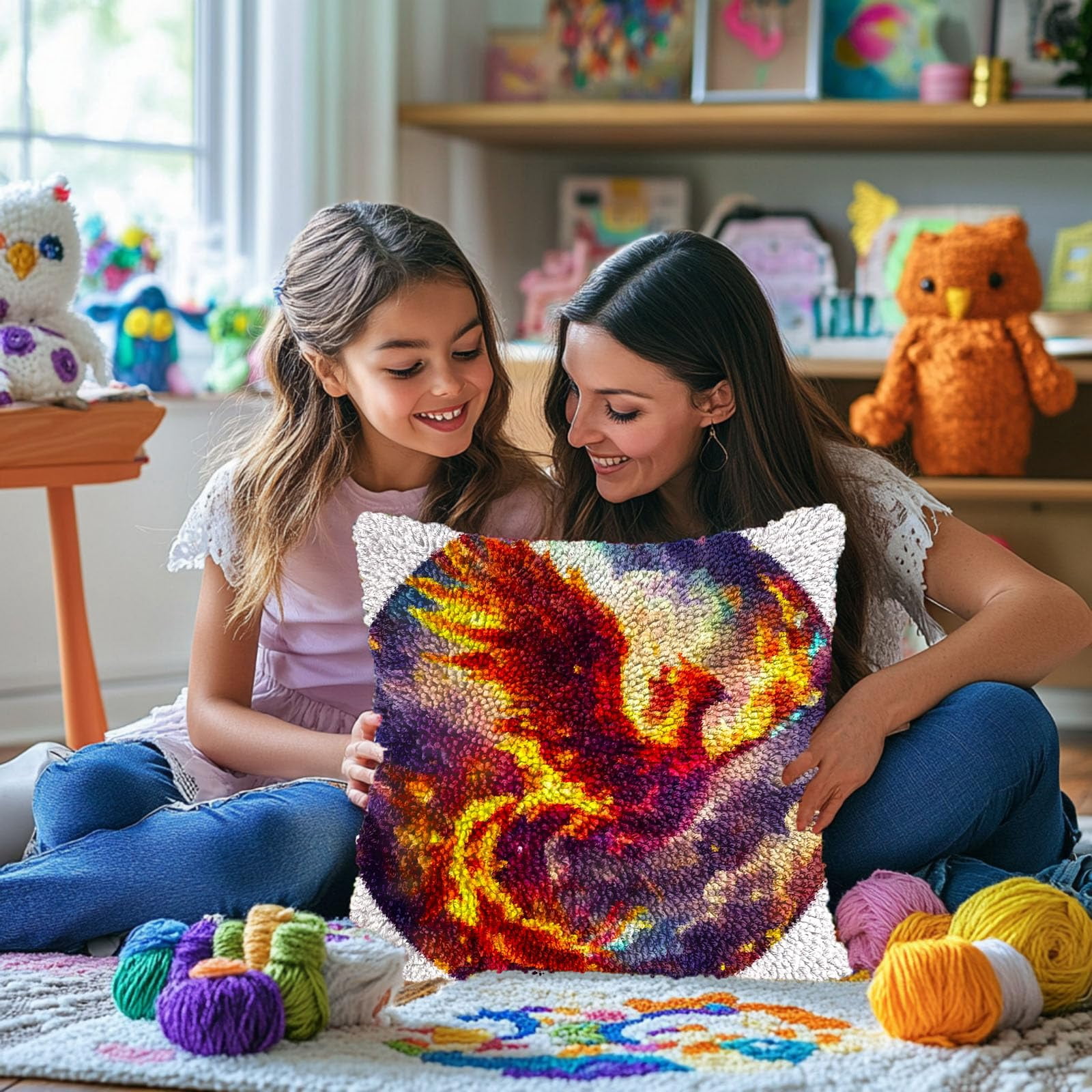 Red Bird Flying in Fire DIY Latch Hook Pillow Kits for Adults Printed Pillowcase Crochet Yarns Hooking Handmade Pillow Cover Cushion for Home Sofa Decoration 17x17inch(3)